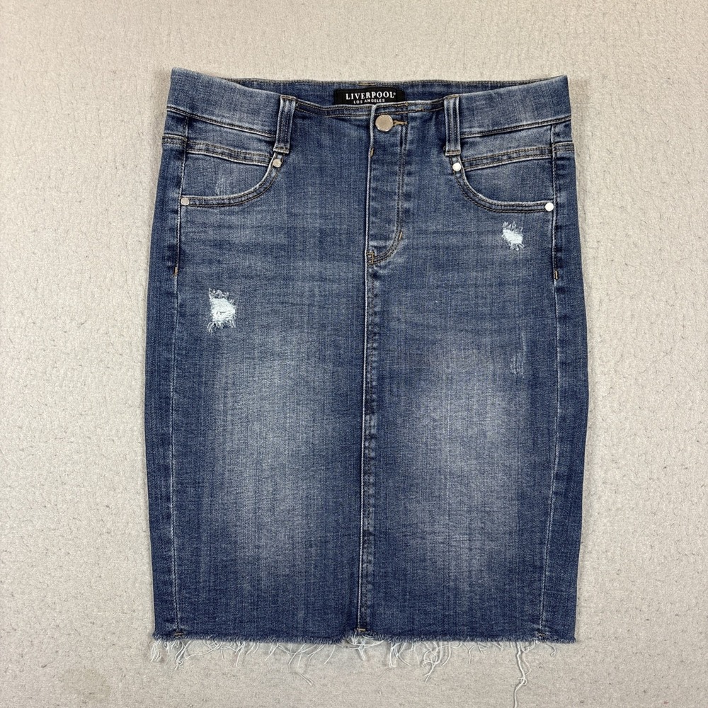 Liverpool Los Angeles Denim Pencil Skirt Distressed Raw Hem Women 6/28
